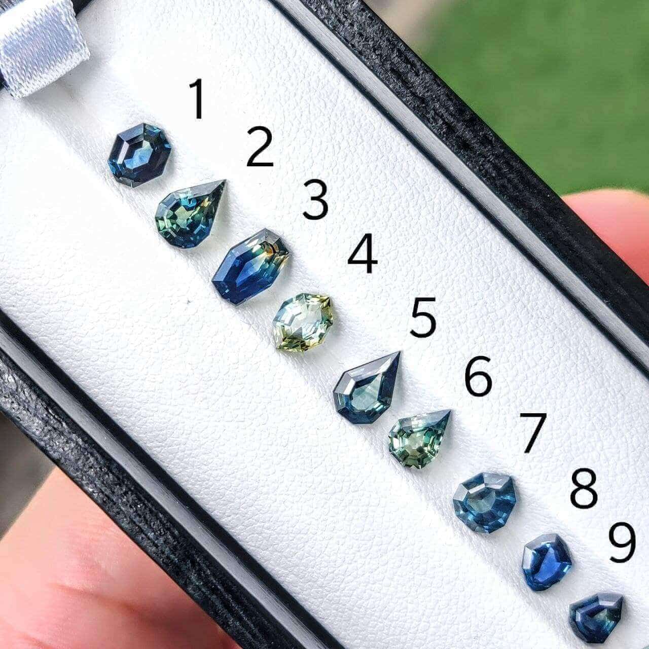 Fancy cut teal and mermaid sapphires