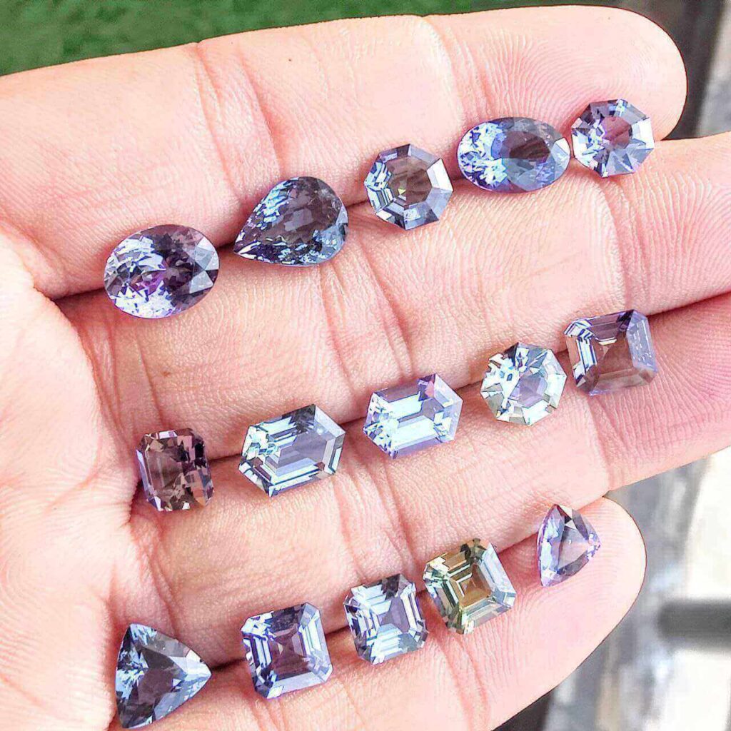 Pastel lavender shades of tanzanites in golden, peacock, teal, lavender and more.