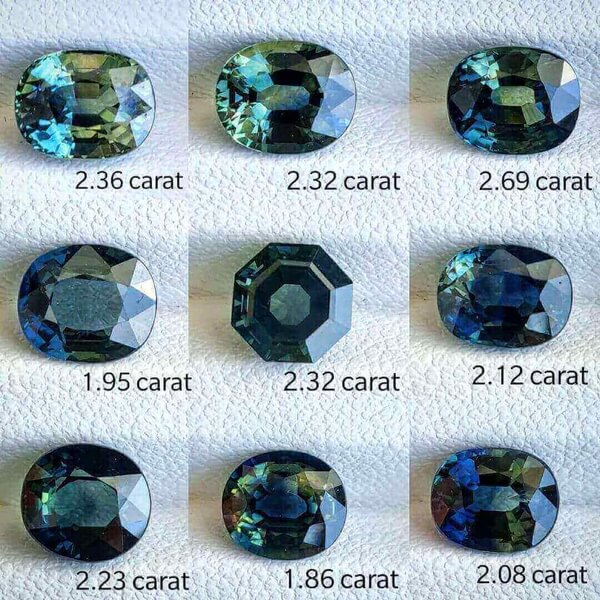 Note the bluish-green bicolour hue of Teal sapphires which is distinctly different from the vivid greens of emeralds