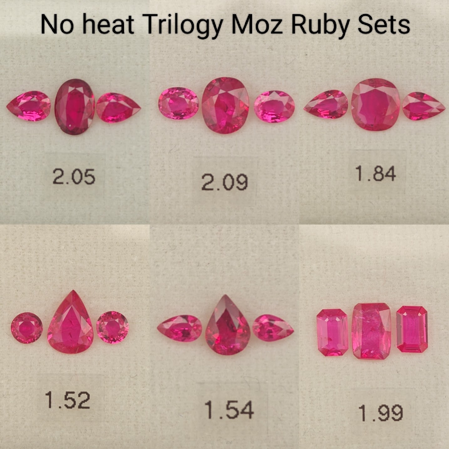 Unheated mozambican ruby trilogy sets and pairs.